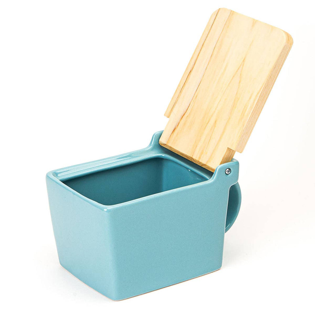 Bee House Ceramic Salt Box With Wooden Lid - Ice Blue