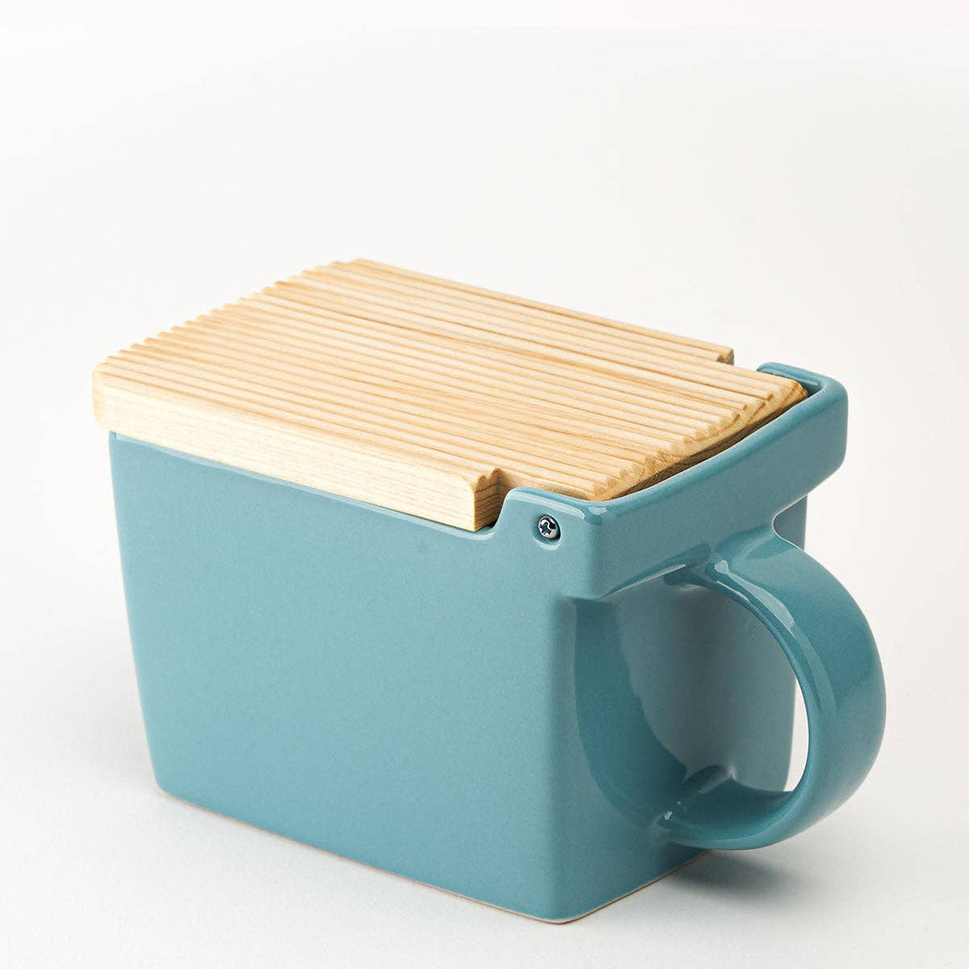 Bee House Ceramic Salt Box With Wooden Lid - Ice Blue